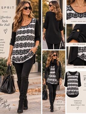 Esprit Black White Lace Print Tunic Blouse Size L
